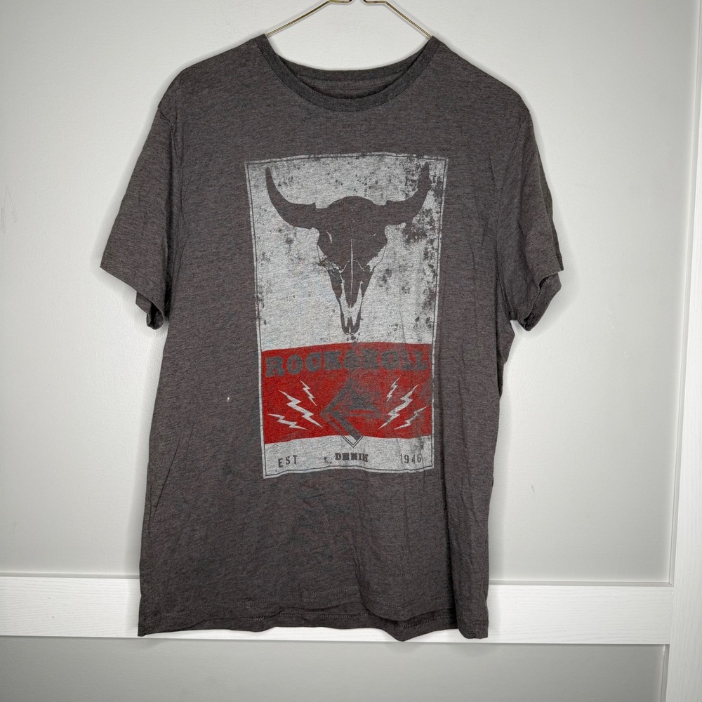 Rock & Roll T-Shirt Mens Large Gray Graphic Bull Skull Short Sleeve Stretch